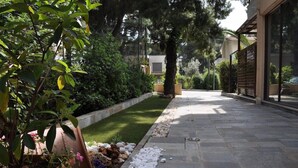Un camino pavimentado bordeado por un seto cuidado y una fila de macetas con plantas.