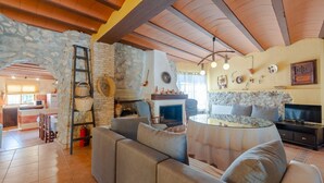 A cozy living room with a stone fireplace, a television, and a dining area with a table and chairs. - Antigua Casa Rufo Pozo Alcón by Ruralidays (Jaén)