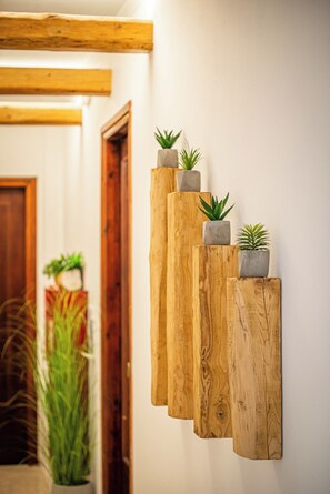 A wall-mounted wooden shelf with potted plants. - Marianna Hotel (Santorini)