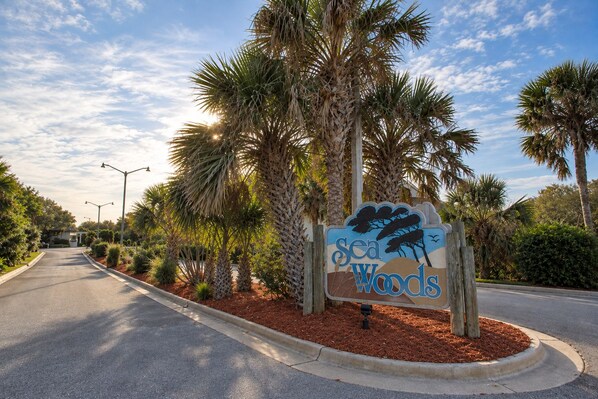 A road leading to a sign with 'Sea Woods' written on it, surrounded by palm trees and a clear sky.