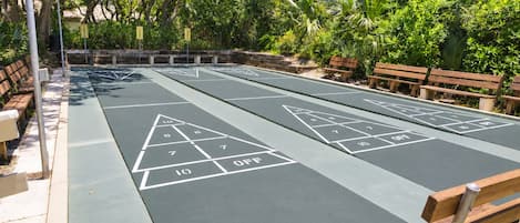 A shuffleboard court with numbered scoring areas and a surrounding bench area.