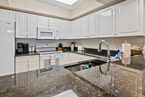 Fridge, microwave, dishwasher, coffee/tea maker