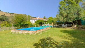 Une piscine rectangulaire bordée de pierres, entourée d’une pelouse verdoyante et d’arbres.