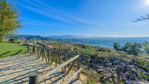 A stone pathway with a wooden railing leading to a scenic overlook.