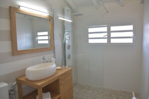 Shower, hair dryer, towels, soap