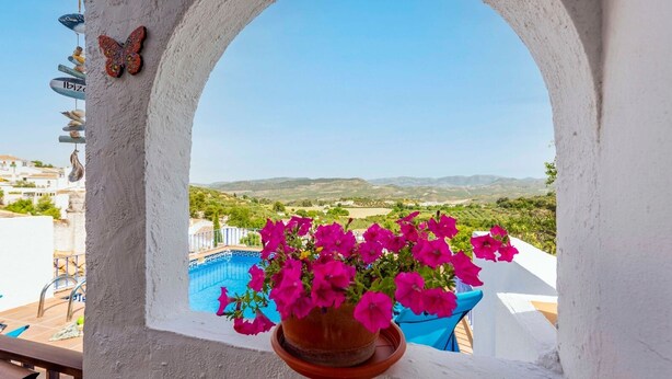 Un balcón con vistas a una piscina y colinas lejanas, una planta en maceta con flores rosas y un adorno de mariposa.