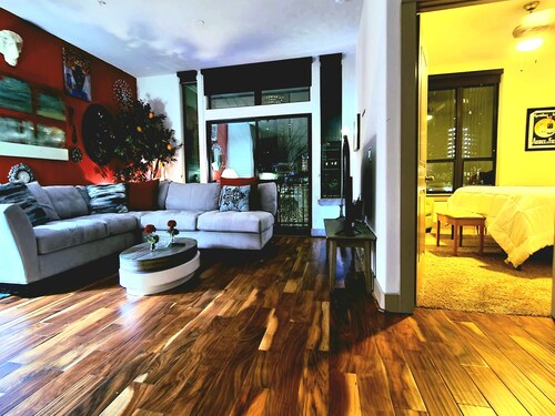 View of Downtown Houston blocks from midtown, MM ballpark & Toyota Center 