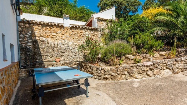 Une table de ping-pong installée dans un espace extérieur, avec un mur en pierre et de la verdure en arrière-plan.