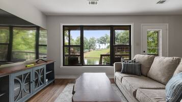 Smart TV, fireplace, books