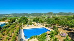 Une piscine entourée de chaises longues, bordée de verdure et de vignes, avec en toile de fond une vue sur des collines ondulantes.