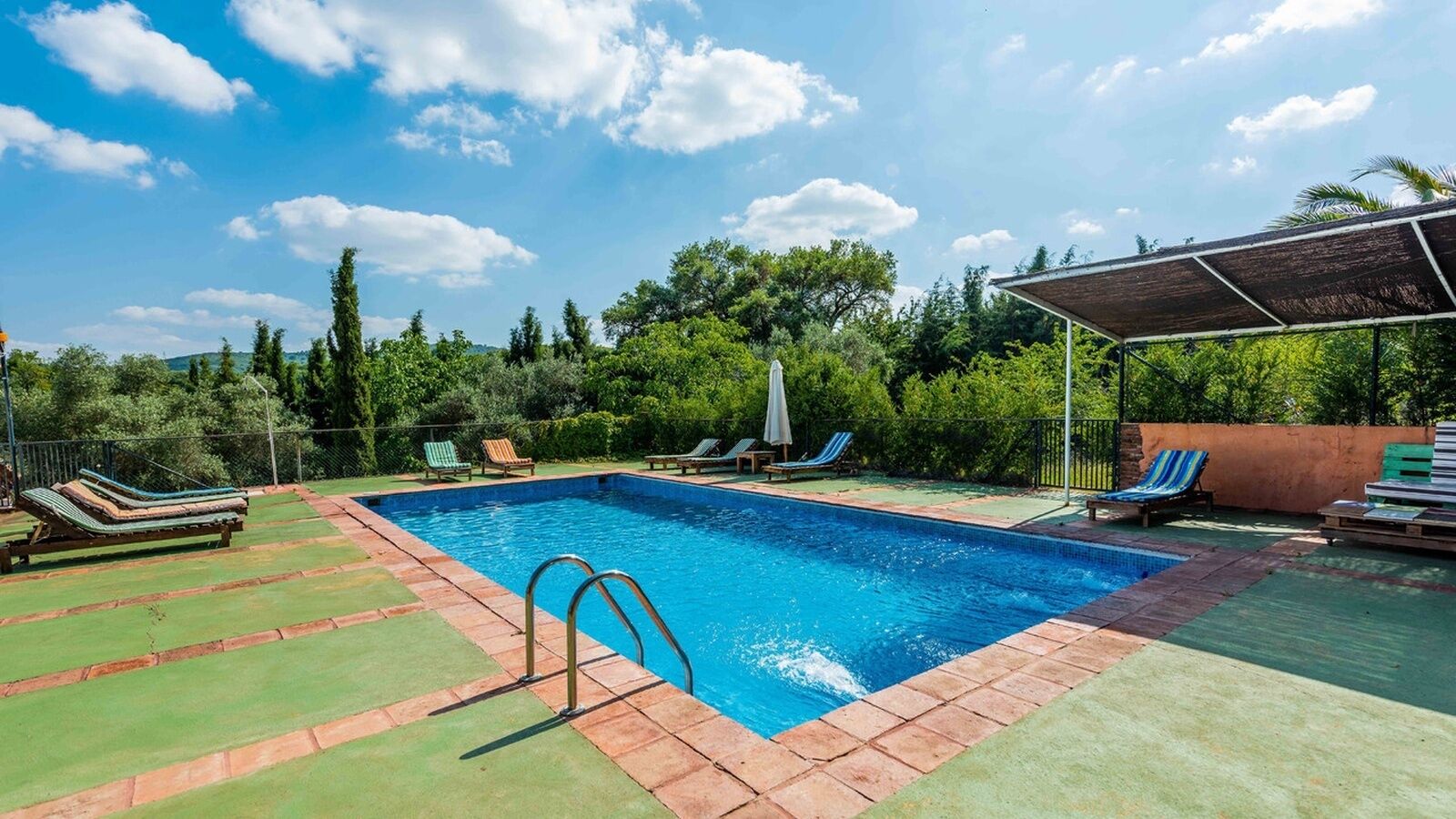 A rectangular swimming pool with a metal ladder, surrounded by green artificial turf and brick edging. There are lounge chairs and umbrellas around the pool area.