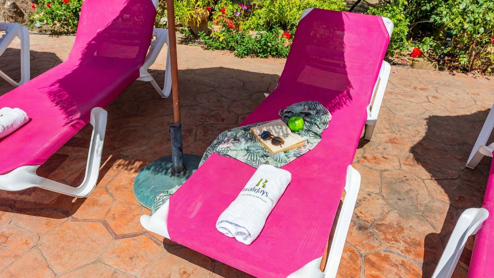 A sunbed with a towel and a book, surrounded by greenery.