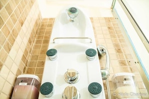 Combined shower/tub, jetted tub, hair dryer, towels