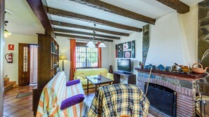 Télévision, cheminée, chaîne hi-fi