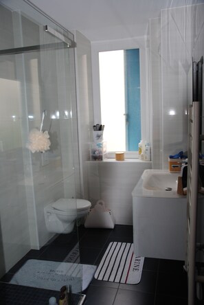 Douche, sèche-cheveux, serviettes fournies, savon