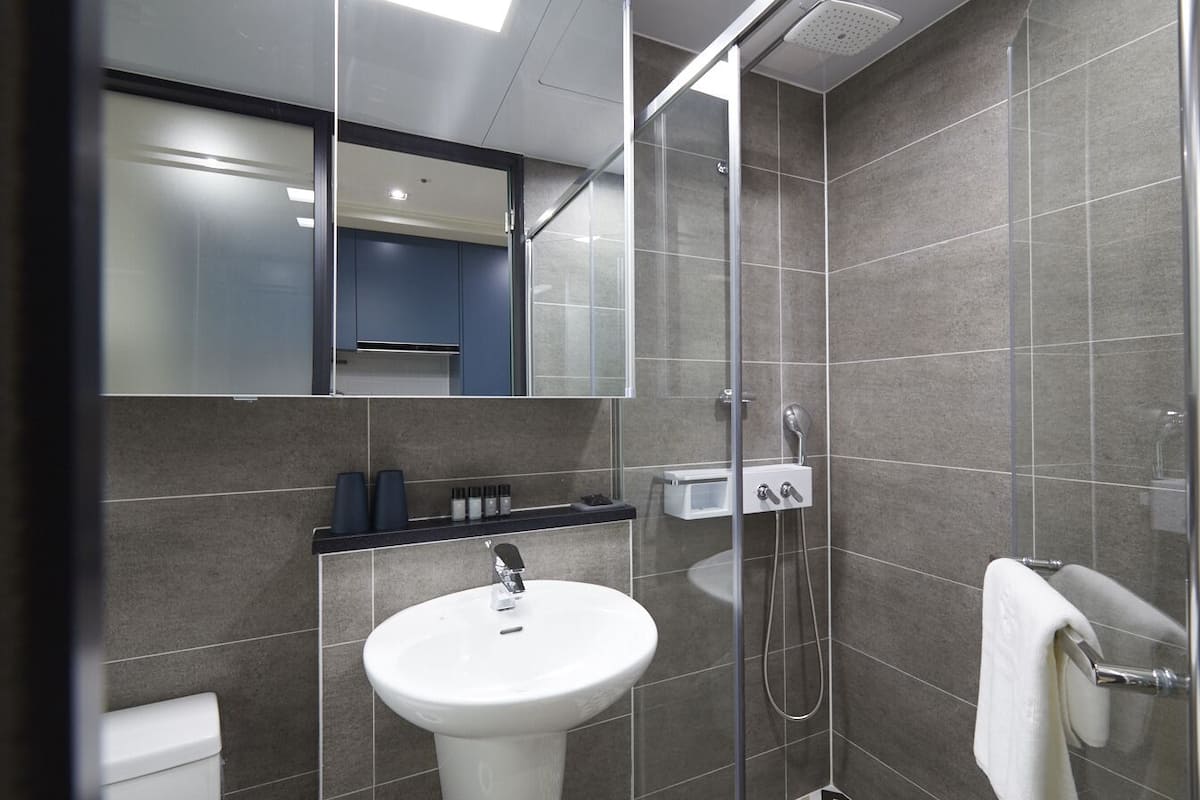 Shower, free toiletries, hair dryer, heated floors