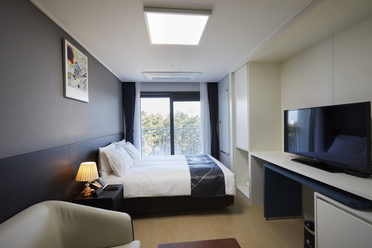 Habitació d'hotel moderna amb un llit, una escriptori amb un televisor, una làmpada i un quadre a la paret.