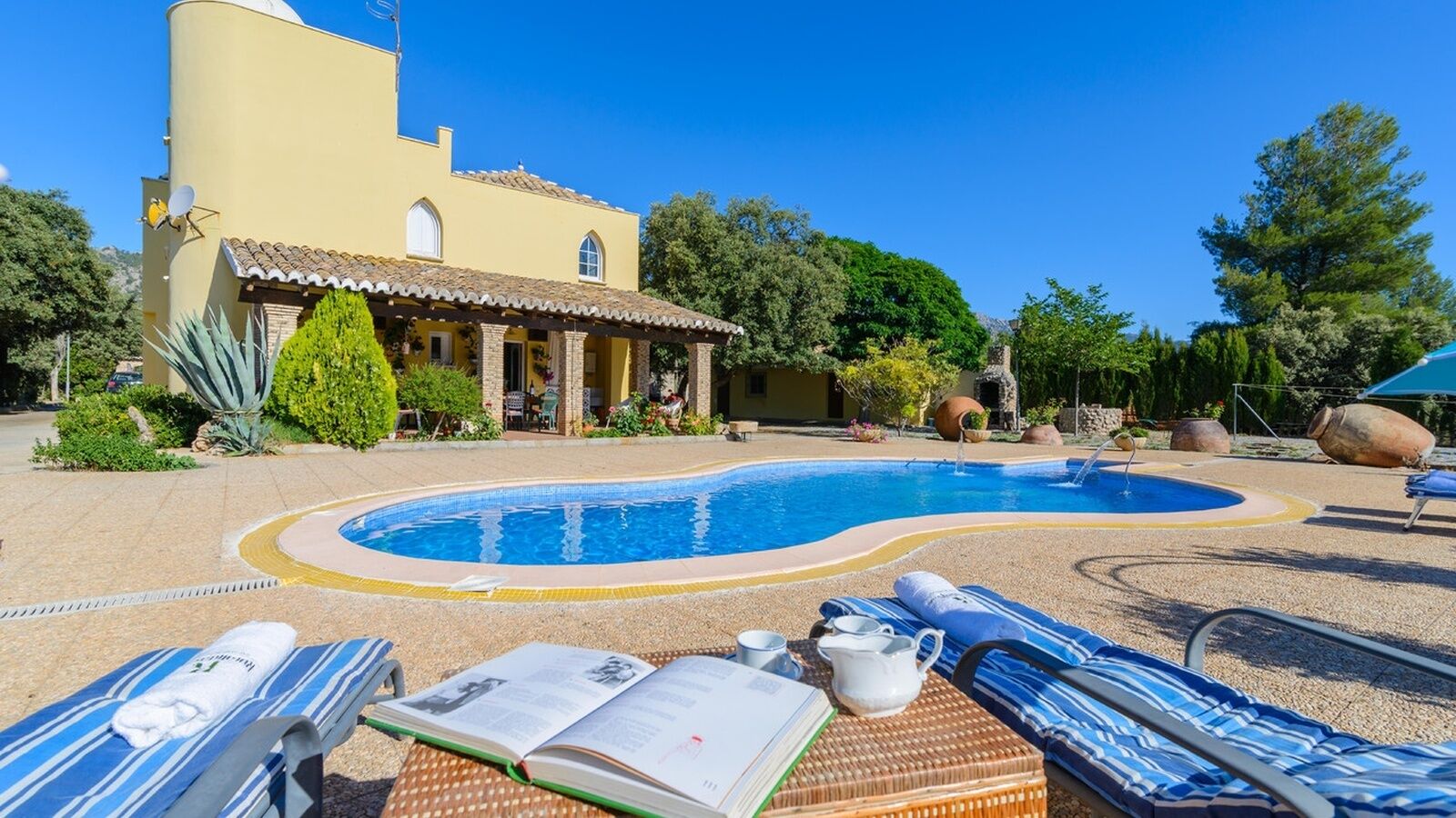 A pool area with lounge chairs, a book, and a pitcher.