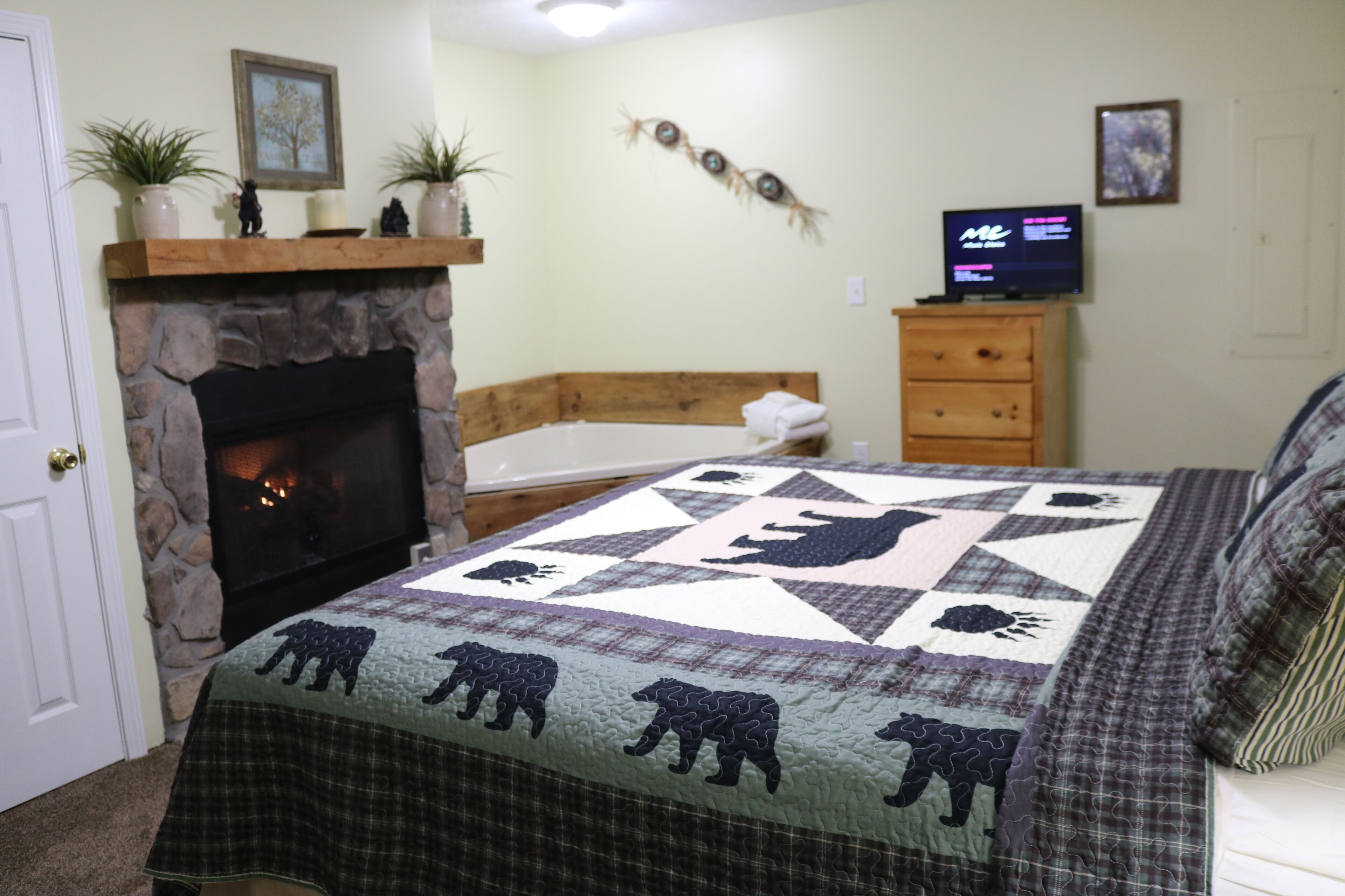 A bedroom with a stone fireplace, a bed with a quilt featuring bear patterns, a television on a wooden dresser, and a wall-mounted shelf with plants.