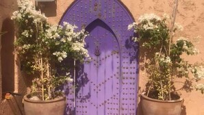 A purple door with decorative metal studs, flanked by two large potted plants with white flowers, set against a beige wall with a tiled entrance. - Marrakesh 6-Bed Housing Authentic Berber (Marrakesh)