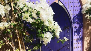 A purple door with rivets, surrounded by white flowers and green foliage. - Marrakesh 6-Bed Housing Authentic Berber (Marrakesh)