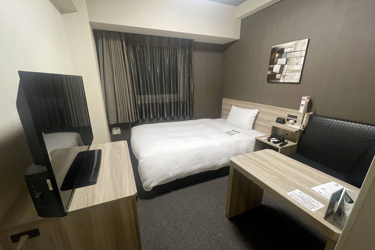 A hotel room with a bed, a desk, a chair, a TV, and a wall-mounted artwork.