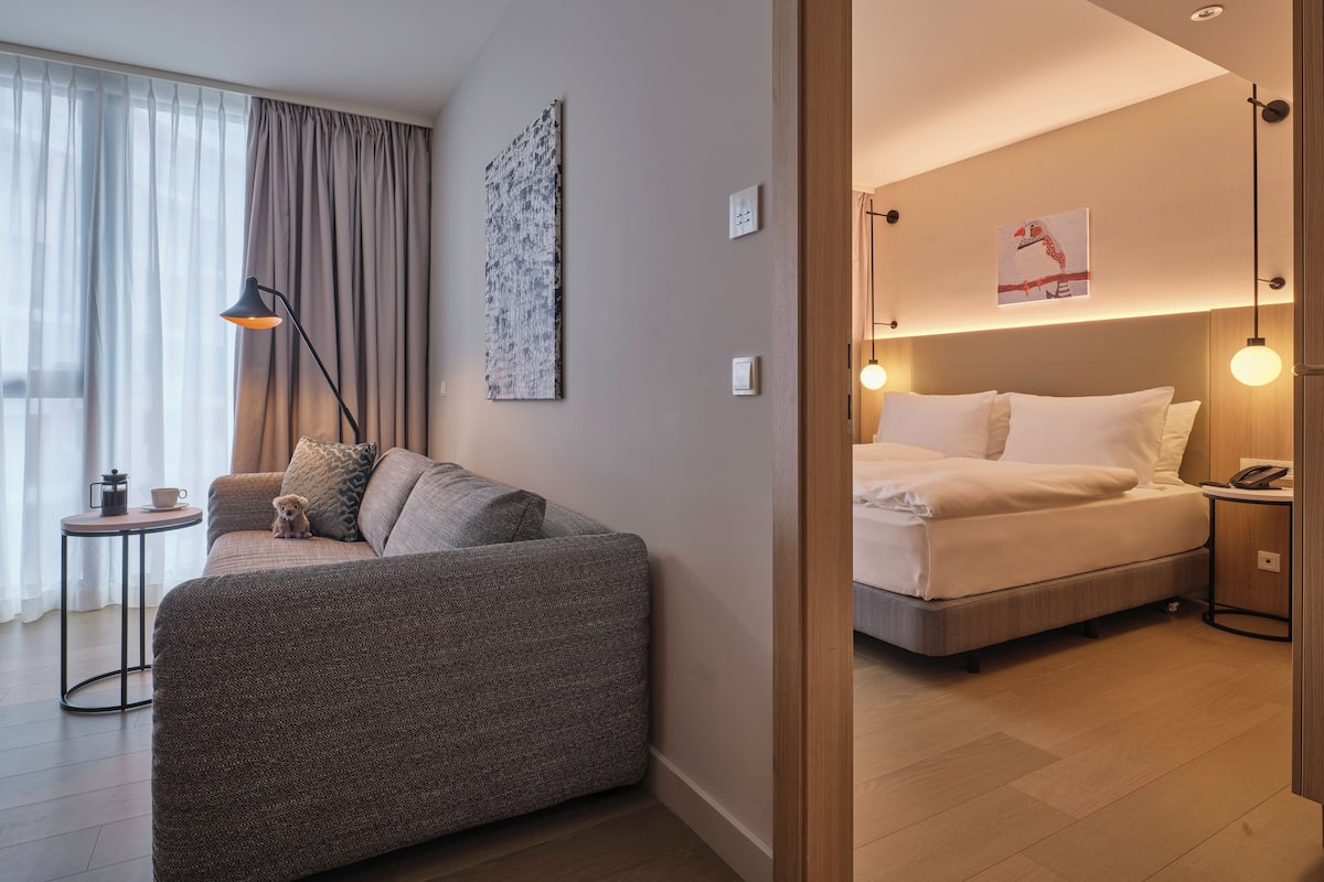 Apartamento, 2 quartos, para não fumantes, quartos conectados | Área de estar | TV LED 49 polegadas com canais via satélite, TV