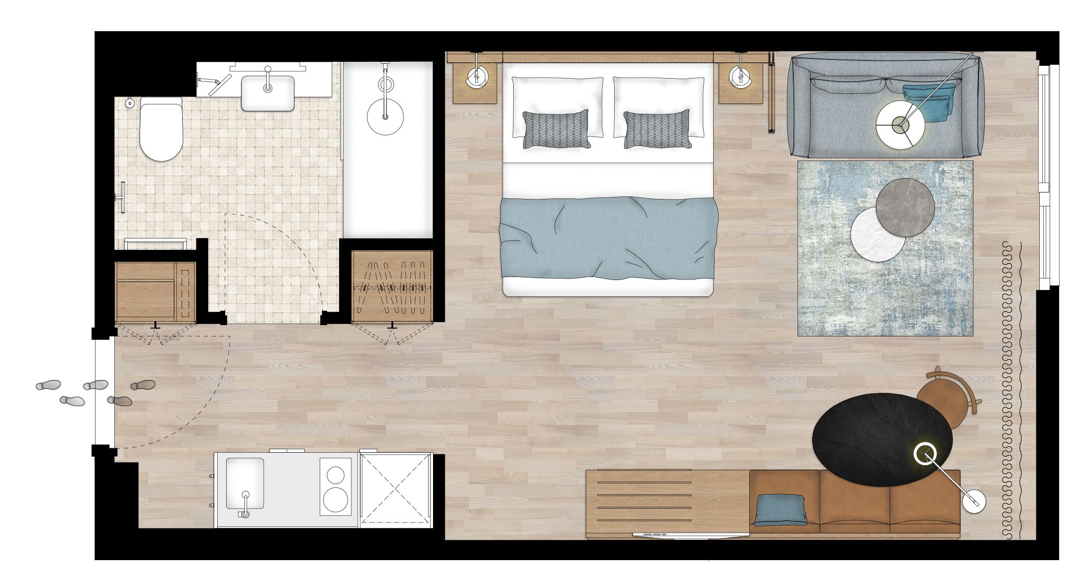 Plano de un cuarto de hotel con cama, escritorio, silla, mesita, sofá y baño.