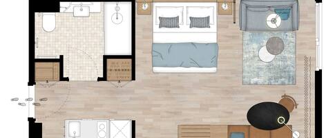 Plano de un cuarto de hotel con cama, escritorio, silla, mesita, sofá y baño.