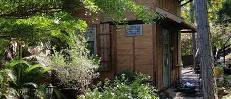 A rustic wooden cabin with a stone pathway leading to the entrance, surrounded by lush greenery and trees.