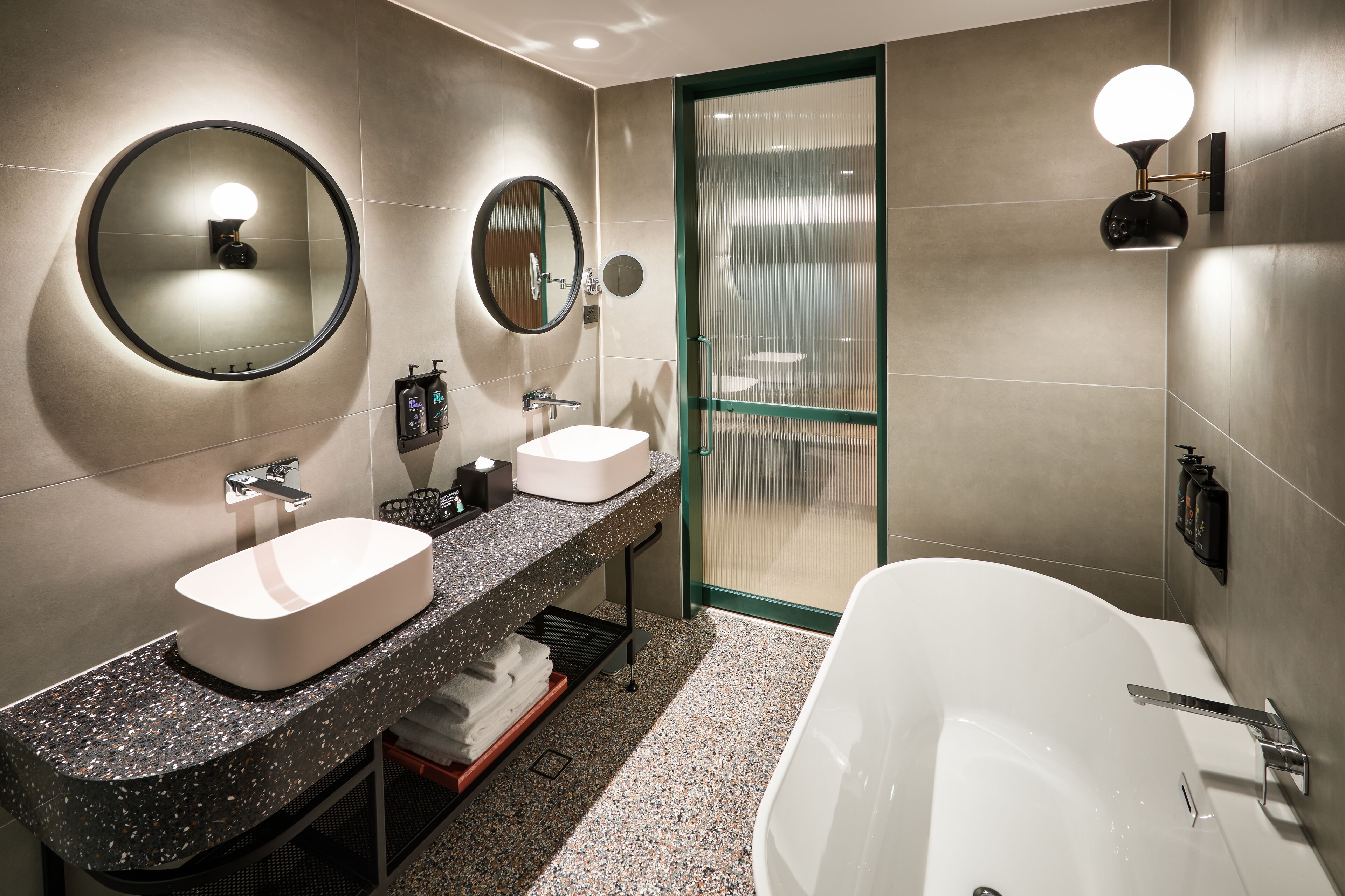 rock star suite | bathroom | eco-friendly toiletries, hair dryer, bathrobes, slippers