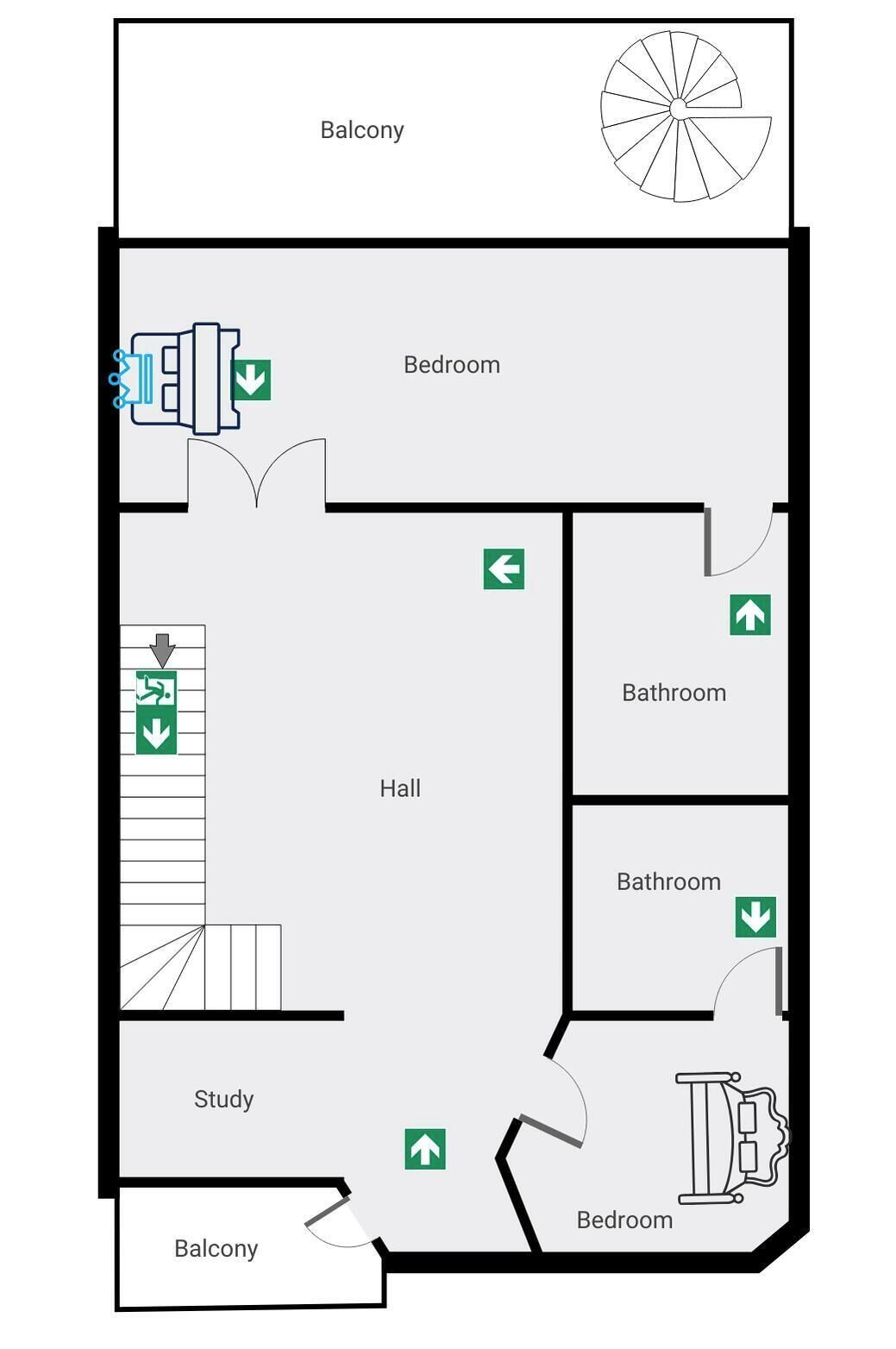 A floor plan with a balcony, two bedrooms, a study, a hall, and two bathrooms.
