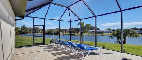 A heated pool, sun loungers