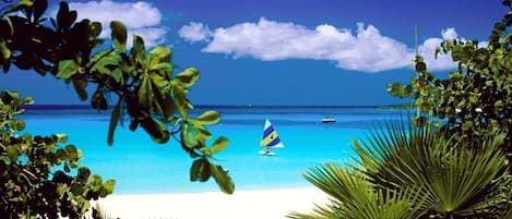 Una playa con aguas turquesas cristalinas, un velero y exuberante vegetación enmarcando la vista.