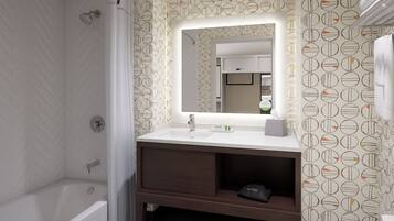A bathroom with a shower, a sink with a mirror, and a towel rack.