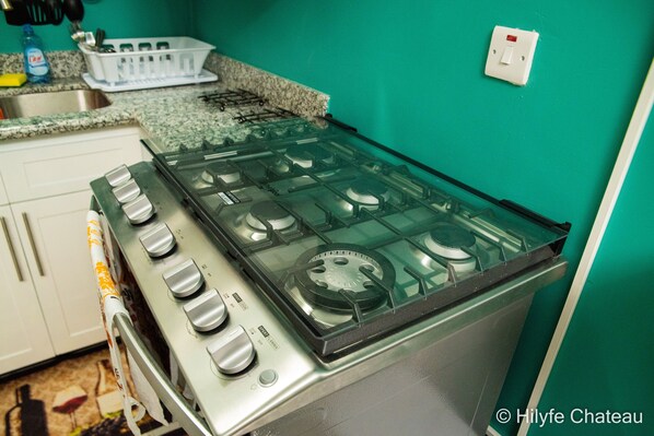 Fridge, microwave, oven, stovetop