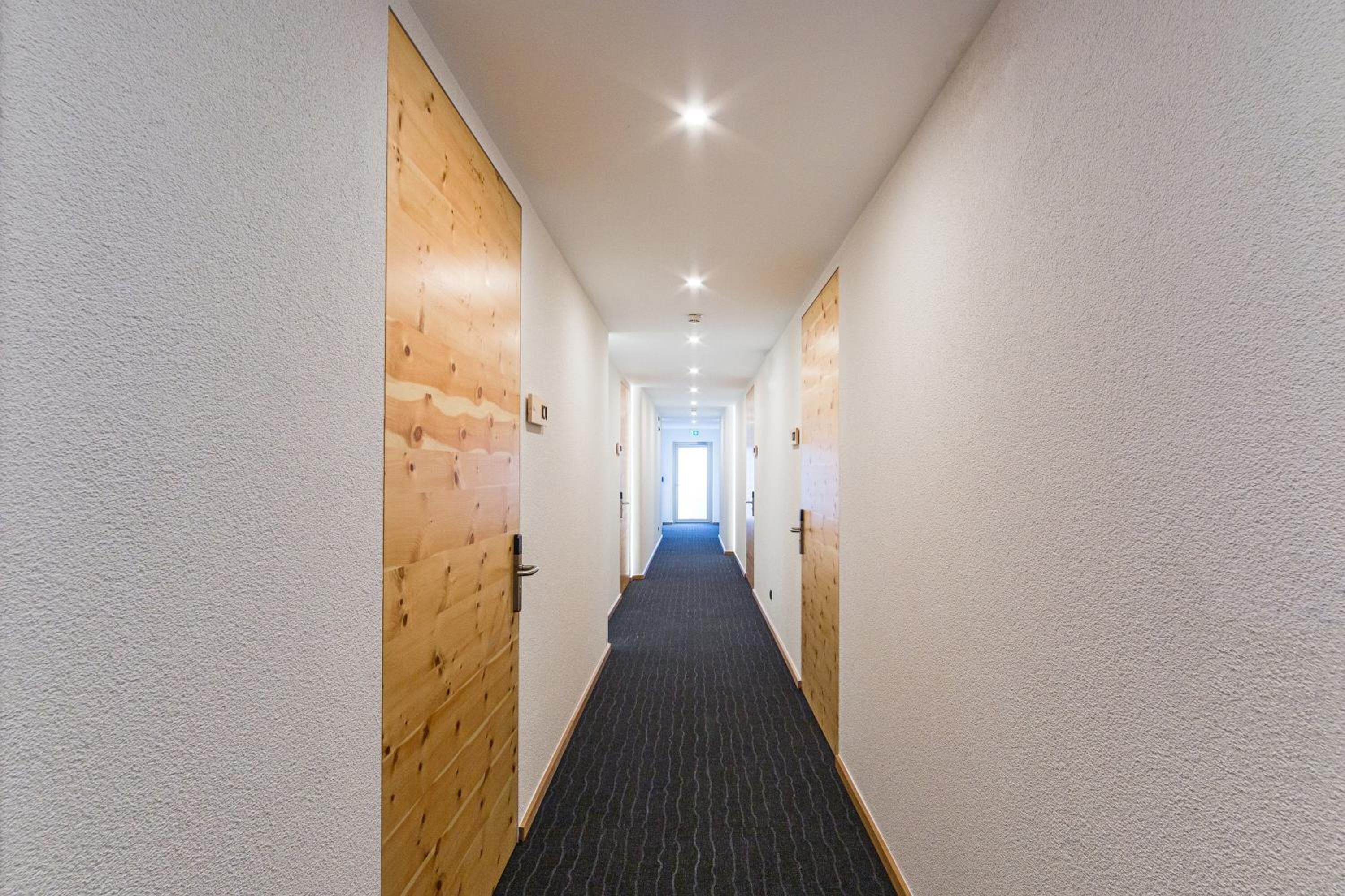 Un pasillo con puertas de madera y suelo alfombrado, que conduce a una habitación luminosa con ventana.