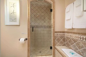 Shower, hair dryer, shampoo