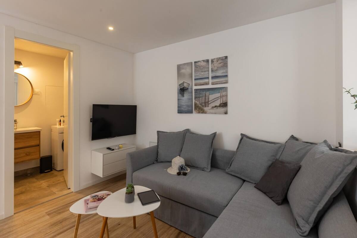 A modern living room with a grey sofa, a flat-screen TV, and a small table with a plant and a book.
