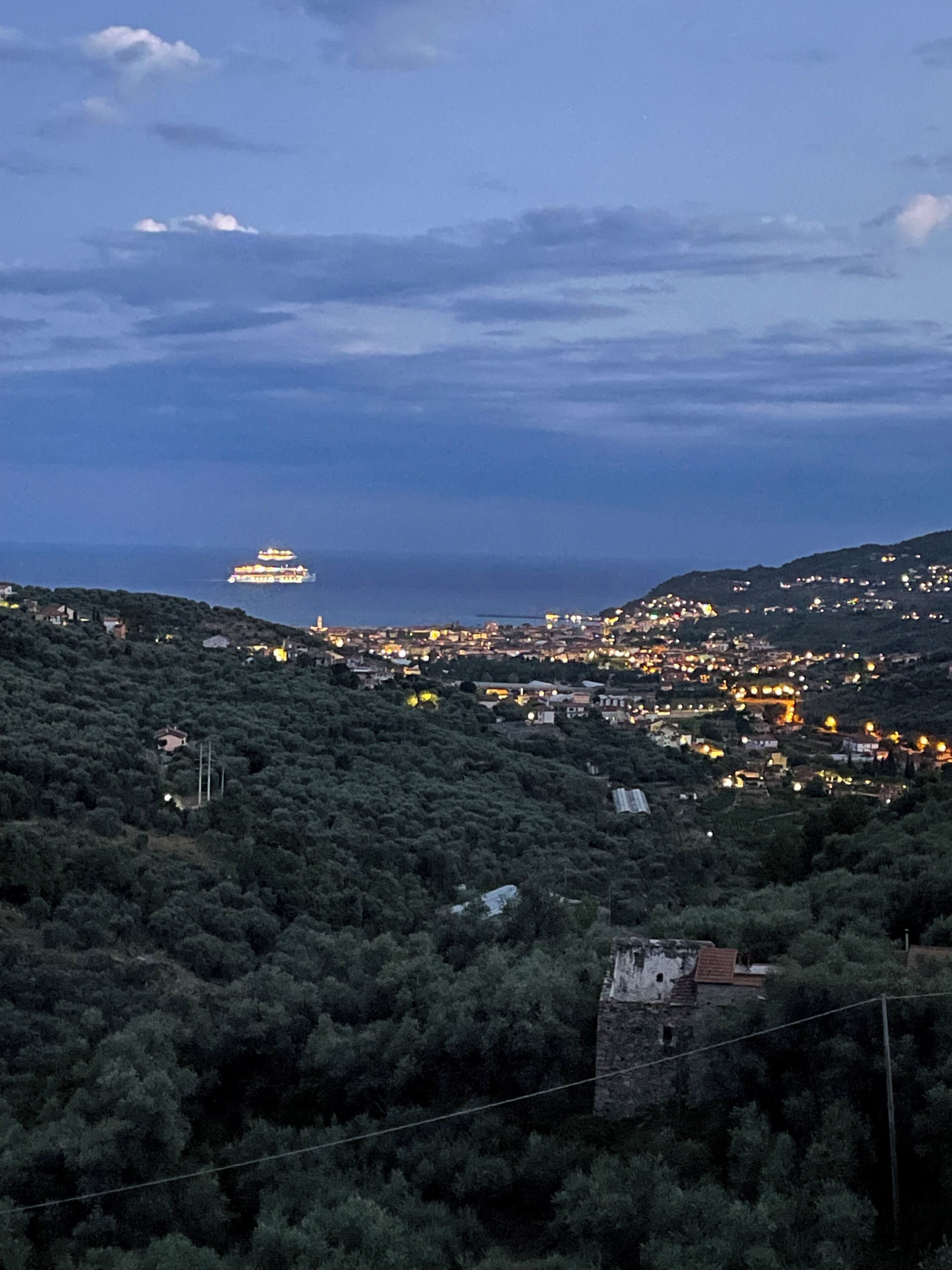 A coastal town at dusk with a prominent building on a hill, surrounded by dense greenery and residential areas.