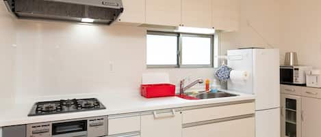 Kühlschrank, Mikrowelle, Herdplatte, Kochgeschirr/Geschirr/Besteck