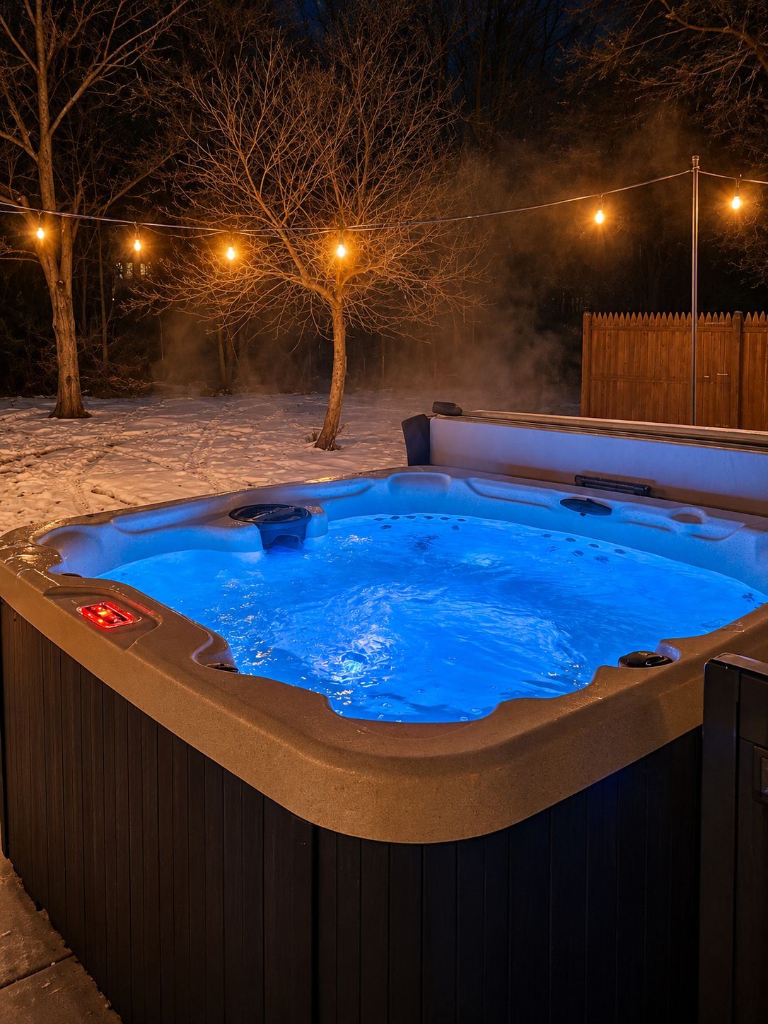 A hot tub outdoors with a wooden deck and string lights.