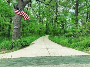 A paved pathway through a forested area with an American flag attached to a tree. - Rustic Charm: Pewaukee Lake Cabin, Sauna & Hot Tub (Pewaukee)