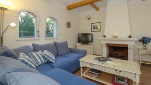 Un salon chaleureux avec un canapé bleu, un téléviseur, une cheminée et deux fenêtres donnant sur un paysage verdoyant.