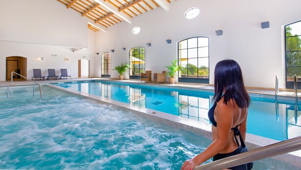 Une piscine intérieure avec vue sur l’extérieur, un plafond avec des poutres en bois et un espace détente avec des fauteuils et des plantes.