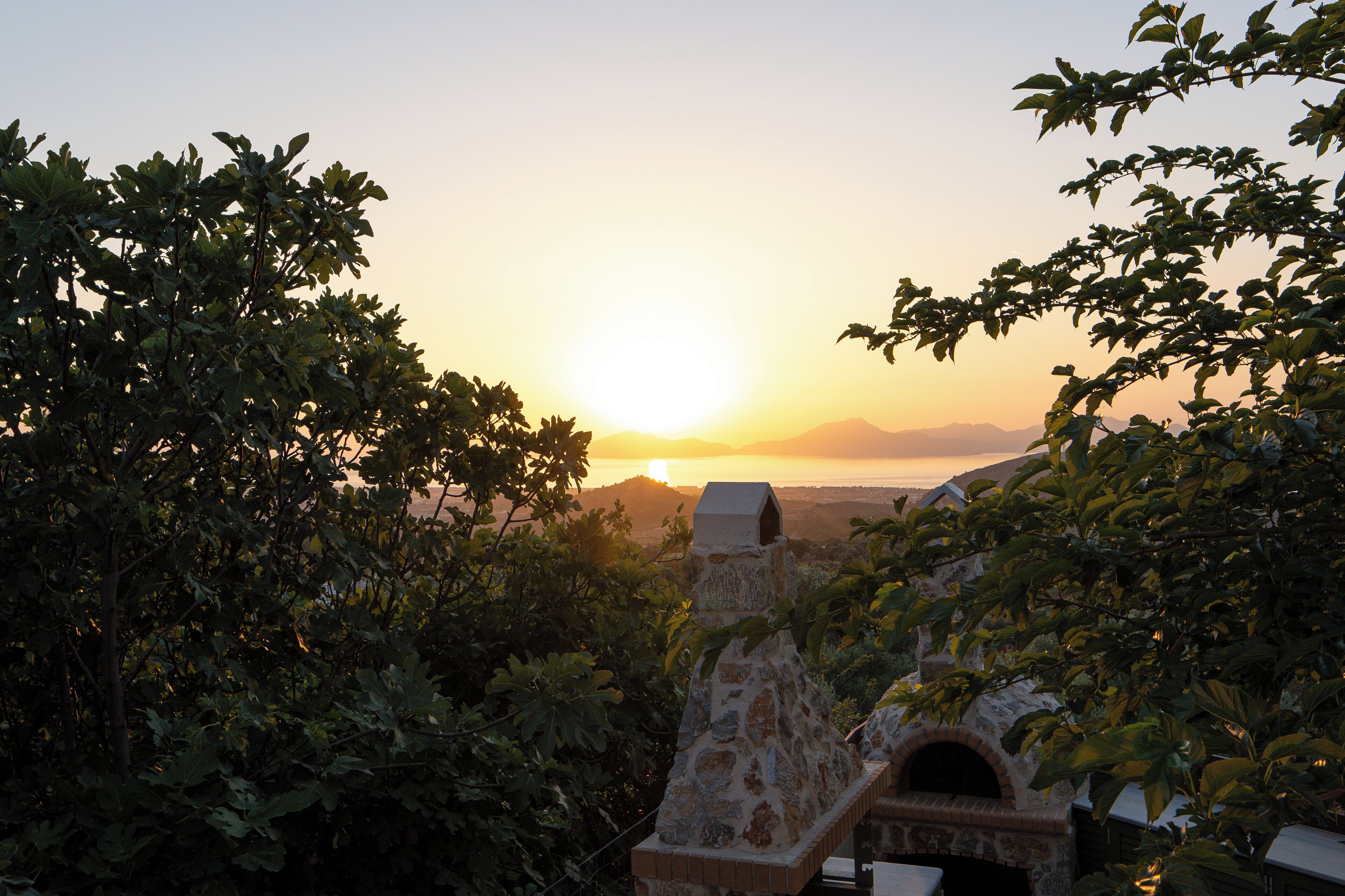 Una vista del atardecer con una chimenea de piedra y un horno de ladrillo, rodeado de follaje denso.