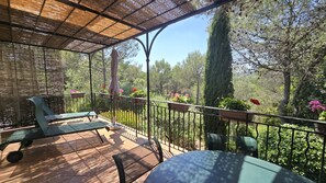 A covered outdoor area with a table and chairs, surrounded by a metal fence and potted plants.