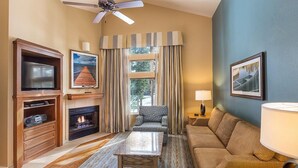A living room with a fireplace, television, and seating area. - Charming Lodge-Style Resort with Something to do in Every Season! (Zephyr Cove)