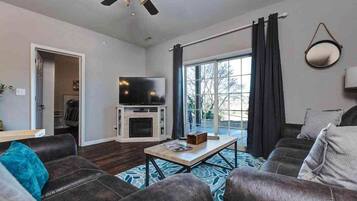 TV, fireplace, DVD player, books