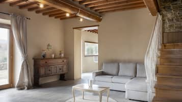 Smart-TV, Kamin, Bücher, Stereoanlage